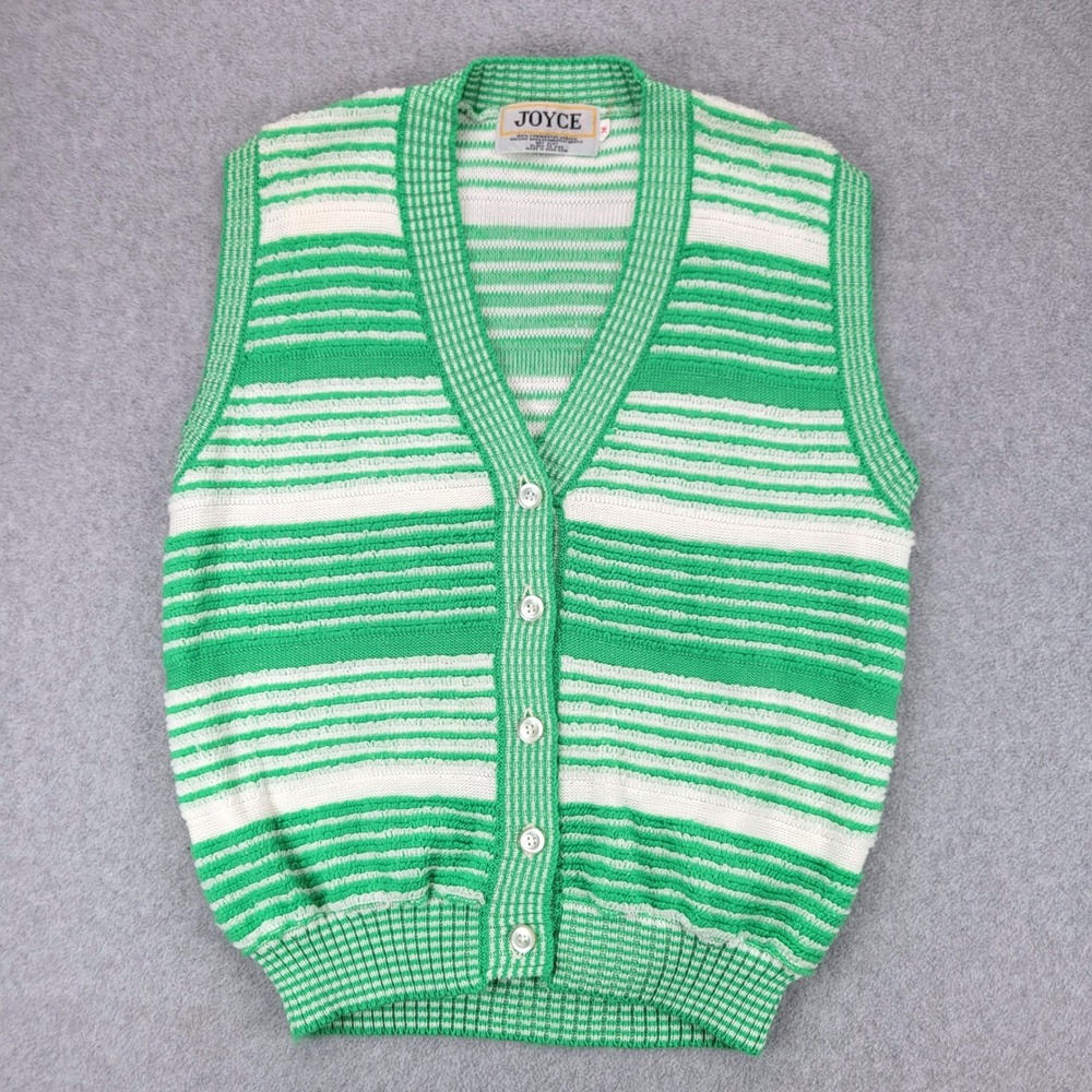 Joyce Striped Knit Sweater Vest Women Medium Green White Vintage Button Cardigan